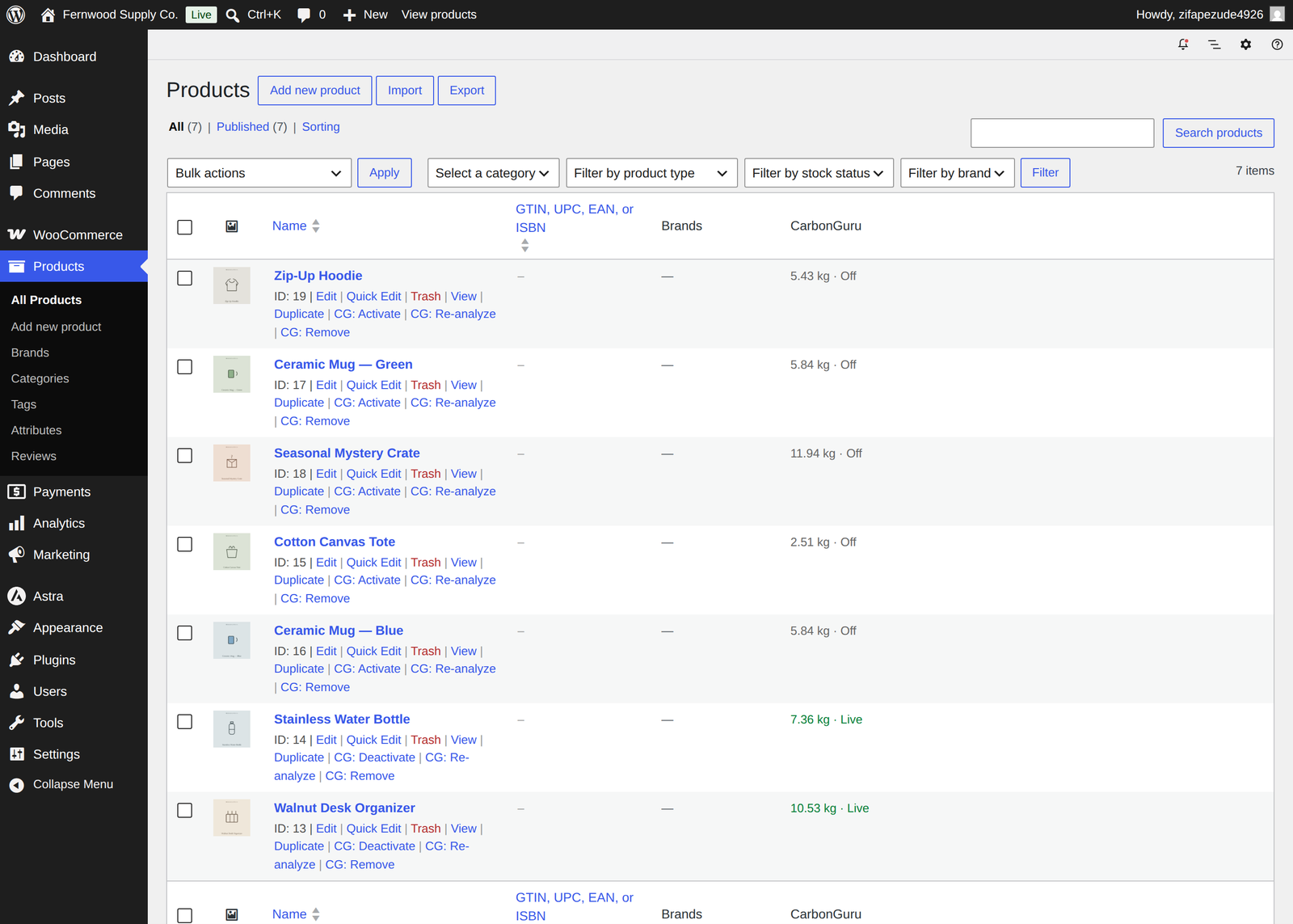 Managing per-product carbon footprints in the WooCommerce Products list with the CarbonGuru plugin